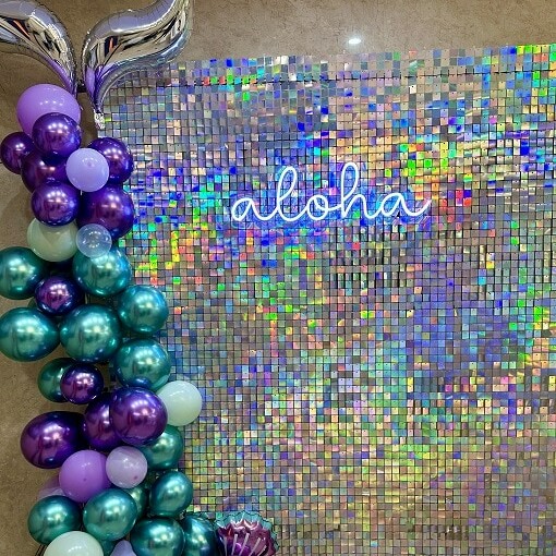 shimmer wall rainbow effect backdrop, disco ball decor backdrop