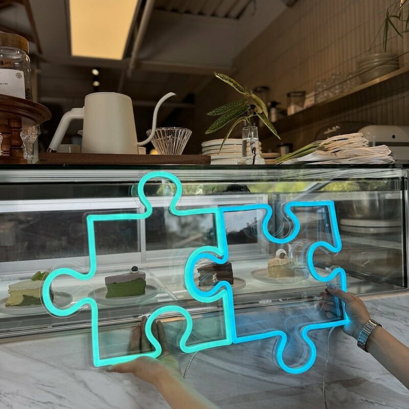jigsaw cafe decor blue neon sign