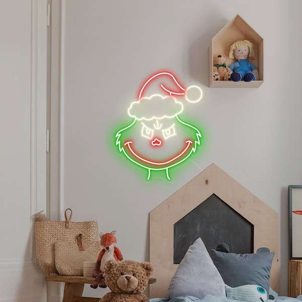 Christmas Grinch with santa hat kids neon sign