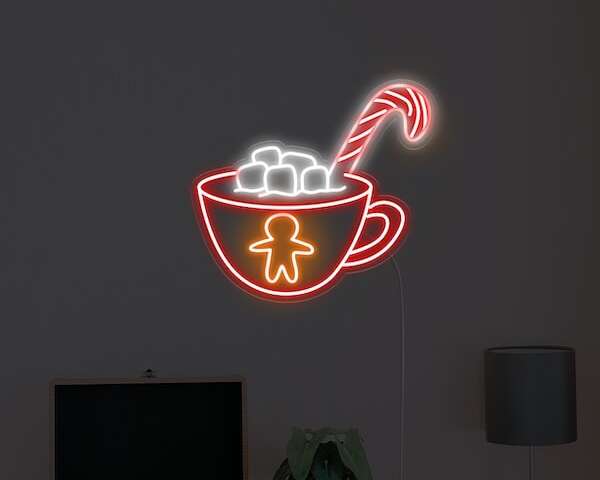 hot cocoa with marshmallows Christmas neon light