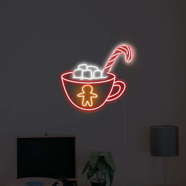 hot cocoa with marshmallows Christmas neon light